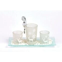 Coffret De 3 Photophores + Plateau Rectangulaire Givré - Verre - H 6,5 X L 27 Cm - Blanc