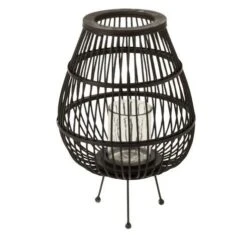 Lanterne Bois Massif Noir Cintee H 34 Cm