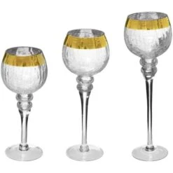 Lot De 3 Photophores Craquelés Sur Pied Bande - 30/35/40 Cm - Or