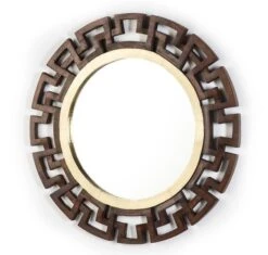 Miroir Mural Rond Bois Massif Foncé Et Métal Doré Caesar